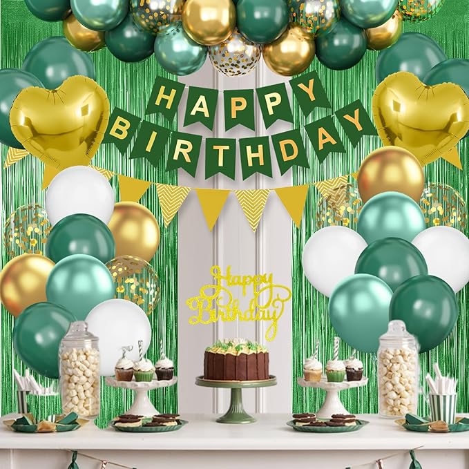 Green Birthday Decorations,Happy Birthday Banner Emerald Green and Gold Balloons Fringe Curtain Heart Foil Balloons for Women Men Party Decor