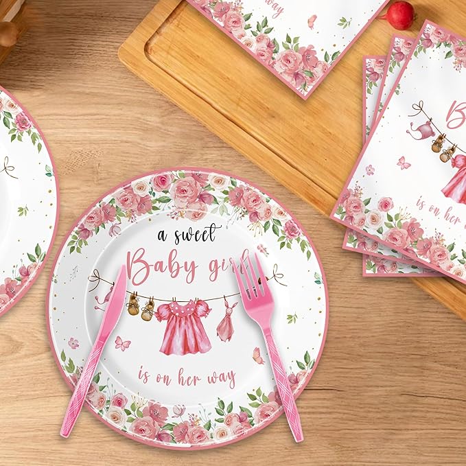 140pcs Greenery Gender Reveal Baby Shower Plates And Nnapkins Supplies Party Boho Greency Party Decorations Tableware Set Dessert Plates Napkins Forks for 20 Guests (Pink)