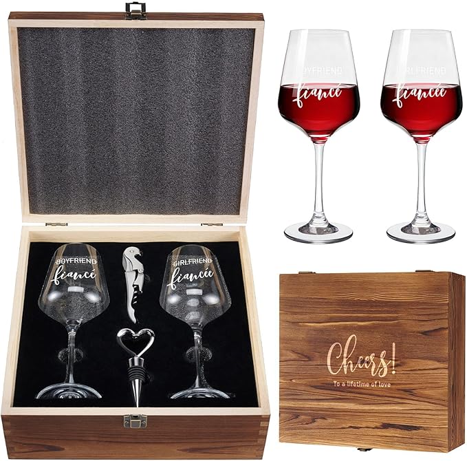 AW BRIDAL Engagement Gifts for Couples Wine Glasses Set, Fiance Fiancee Gifts for Women Bride to Be, Engaged Wine Glasses with Wine Stopper & Wood Keepsake Box, 2026 Wedding Gifts for Newlyweds