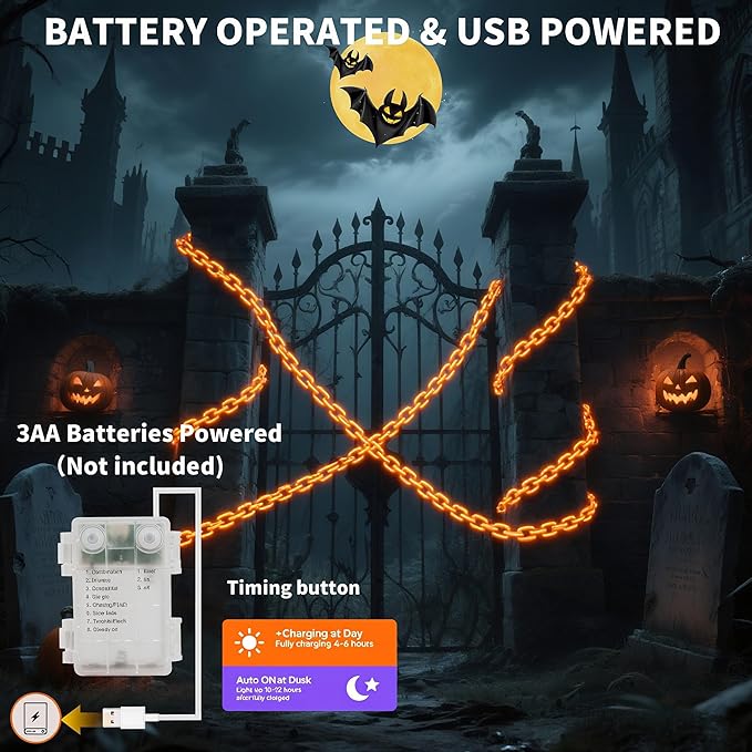 Halloween string lights,Hopolon 13.7Ft 175LED Halloween Decorations Chain Lights Outdoor/Indoor Plastic Orange Light Battery USB with Waterproof, 8Modes&Timer for Home Garden Patio Porch Spooky Decor