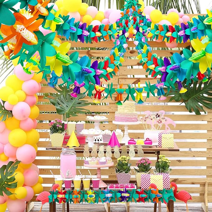 6Pcs Tropical Flower Garlands, Colorful Luau Flower Garlands, 59 Feet Length Paper Flowers Garland Decorations for Hawaiian Beach Party Birthday Baby Party Wedding