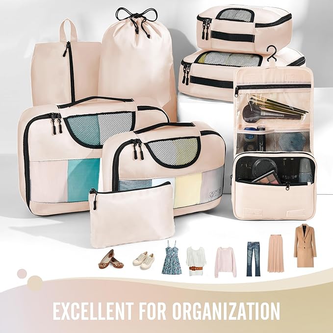 Veken 8 Set Packing Cubes, Travel Gifts for Women Mom, Carry on Suitcase Organizer Bags with Hanging Toiletry Bag and Large Laundry Bag, Travel Essentials Luggage Accessories for Cruise Ship