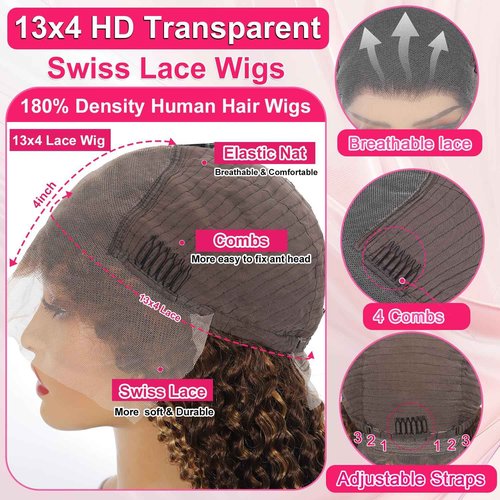 ALSZIQIHR 18 inch Water Wave P4/27 Highlight 13x4 HD Transparent Lace Front Wigs Ombre Human Hair Wet and Wavy Curly Glueless Lace Frontal Wigs Pre Plucked with Baby Hair 180% Density
