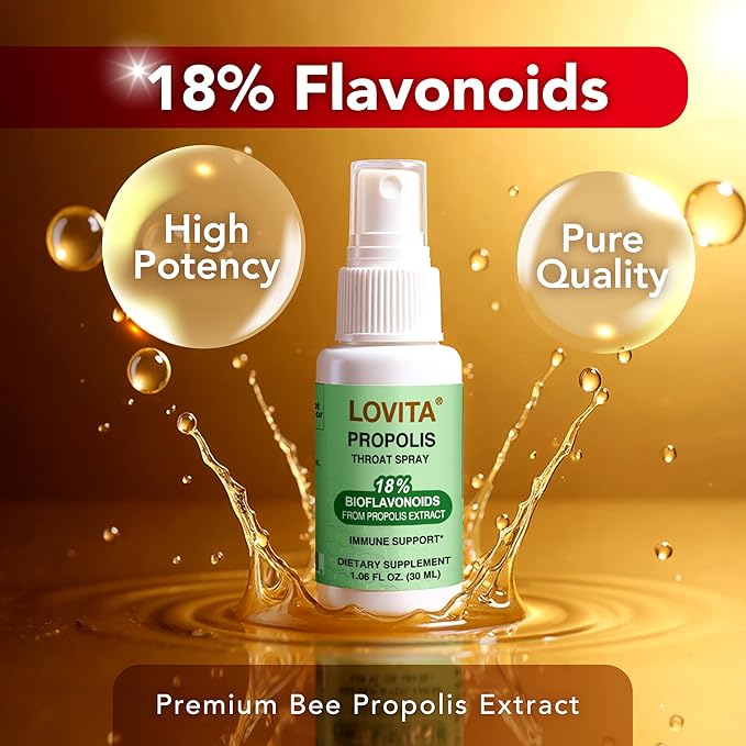 Lovita Bee Propolis Throat Spray, 18% Bioflavonoids, Alcohol-Free, Immune Support, Throat Soothing, Antioxidant, Gentle Taste, 1 Fl Oz (Pack of 1)