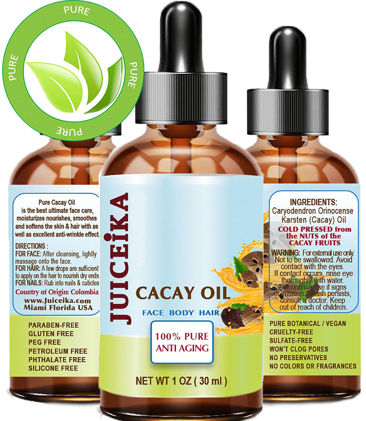 Juiceika CACAY OIL 100% Pure Natural Virgin Unrefined Cold-Pressed Carrier Oil 1 Fl oz 30 ml For Face, Skin, Body, Hair, Lip, Nails