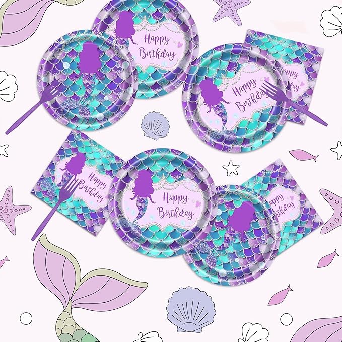 Vanulus 96 PCS Mermaid Birthday Party Supplies Set Mermaid Plates and Napkins Birthday Party Tableware Packs Decorations Little Mermaid Disposable Paper Plates Napkins Forks Serve 24 Guests