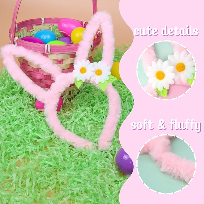 Needzo Easter Bunny Ears Hair Accessories, Pink and White Spring Items for Egg Hunts and Parties, One Size