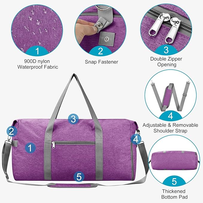 Felipe Varela Carry on luaggage Airlines Approved, Foldable Carry on Bag Travel Duffel Bags Overnight weekender Gym Duffle Carry Bag with Wet Pocket & Shoe Compartment for Women Men (Purple, 40L)