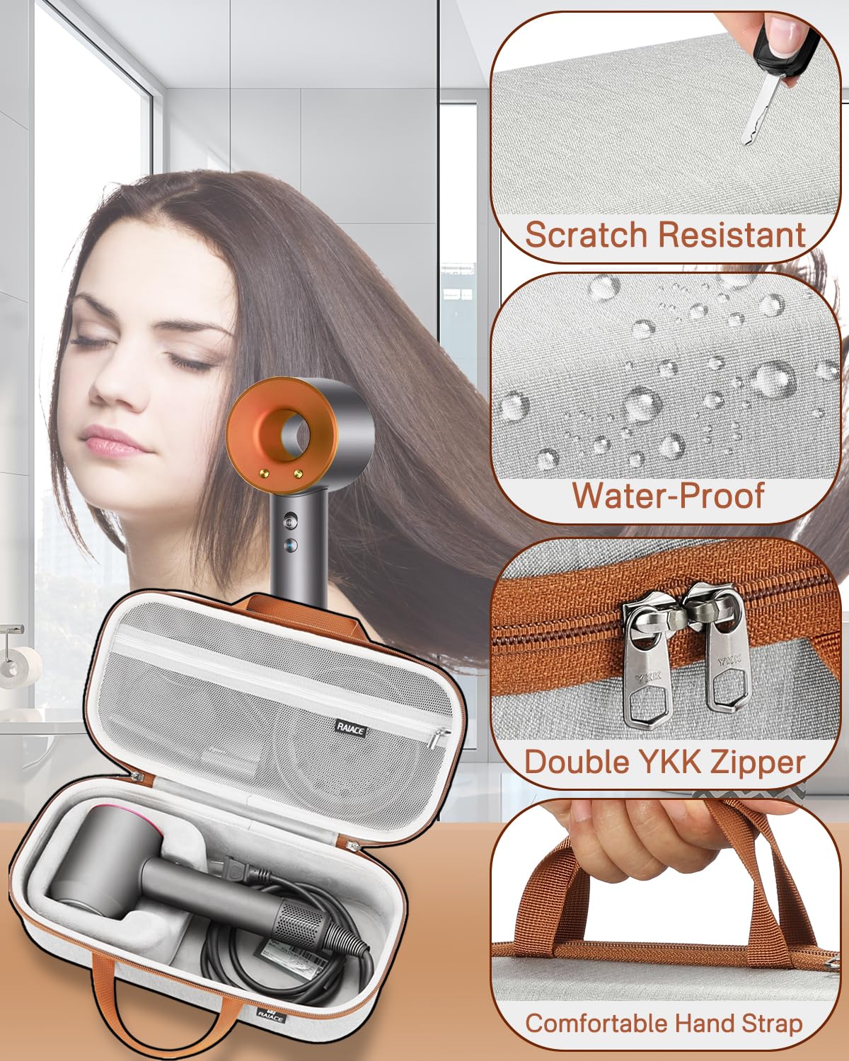 RAIACE Hard Storage Case Compatible with dyson Hair Dryer, Travel Carrying Bag. (for sale is case only). - Gray(Gray Lining)