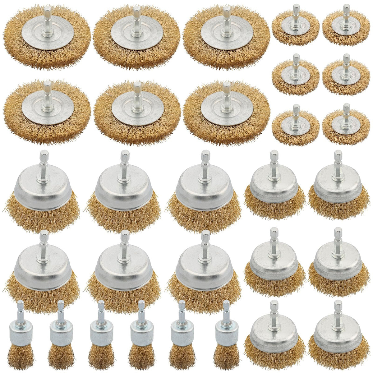 WENORA 30 Pack Wire Brush Wheel for Drill, Brass Wire Brush for Drill, 1/4 Inch Hex Shank, Wire Brush Drill Bit, Wire Cup Brush for Rust Removal, Wire Brush Drill Attachments