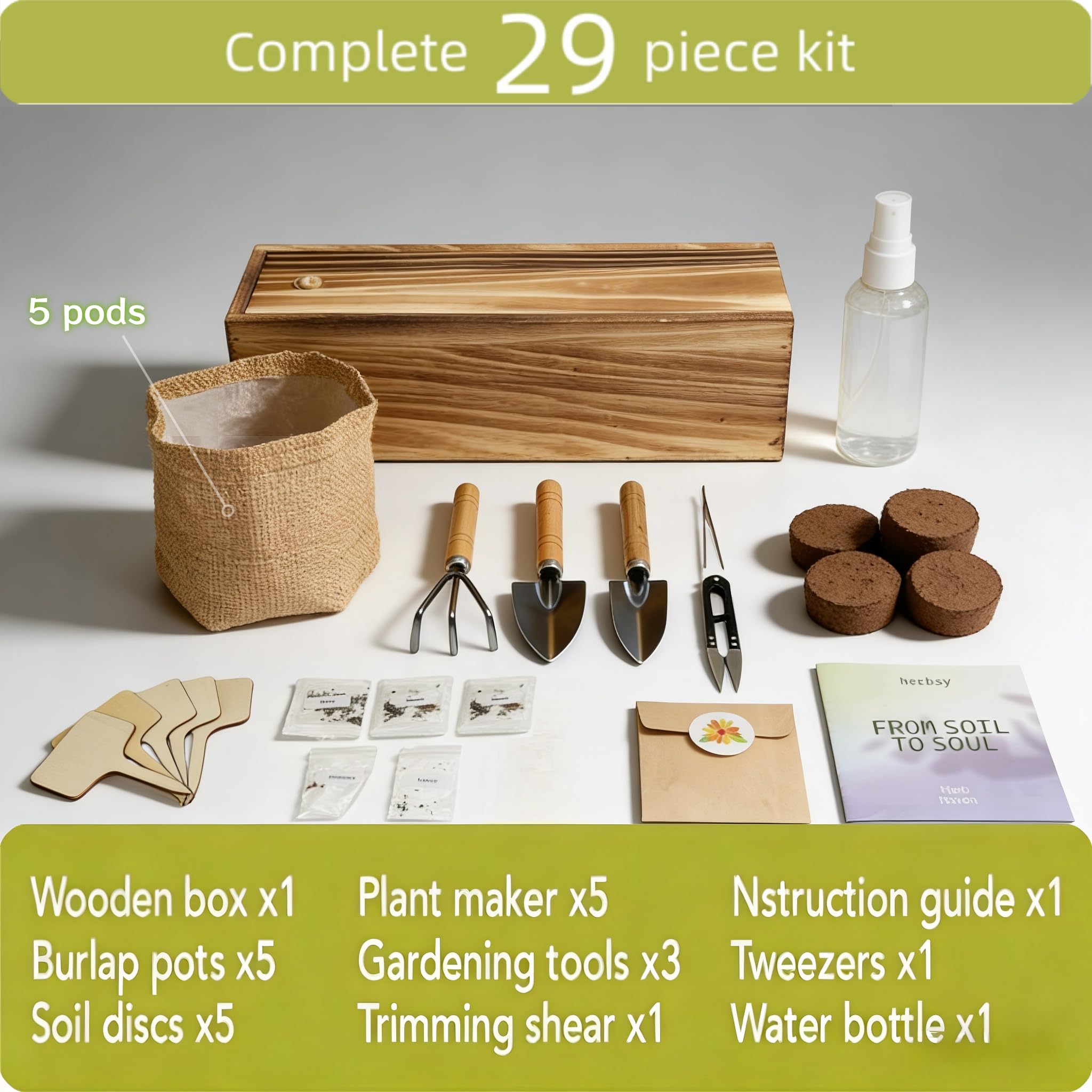 5 Herb Garden Kit with Wooden Box – Basil, Thyme, Parsley, Rosemary, Mint – Windowsill Herb Garden for Kitchen – Mother’s Day Gift for Mom, Gardening Gift for Women – Birthday Housewarming