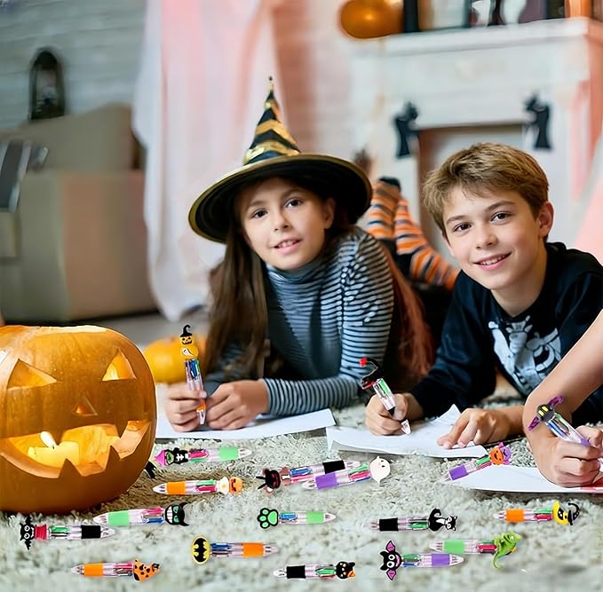 24PCS Halloween Fun Pens Multicolor Ballpoint Pens 4 Colors in 1 Halloween Retractable 0.7mm Multicolor Writing Stationery for Party Favors Supplies Rewards Holiday Gifts