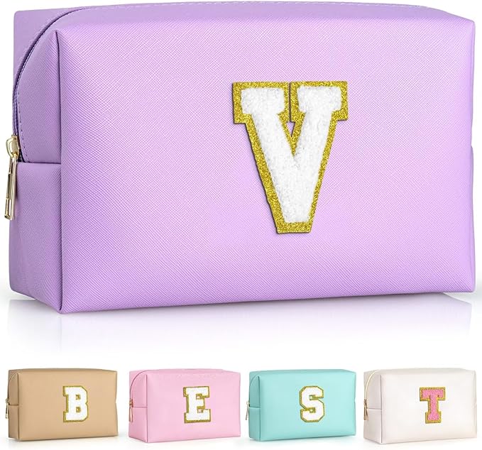 TOPEAST Initial Makeup Bags for Women, Personalized Portable Cosmetic Bag for Travel, Cute Makeup Pouch, PU Leather Waterproof Toiletry Bag, Preppy Things for Girl (Purple V)