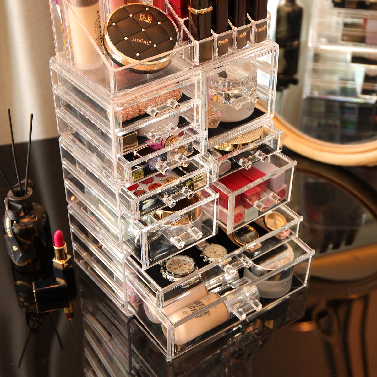 Cq acrylic 4 Pack Clear Make up Organizer Countertop,Stackable 10 Drawers Makeup Storage,Cute Vanity Organizers for dresser Hair Clip,Jewelry,Beauty Product Desk and Bathroom Organizers and Storage