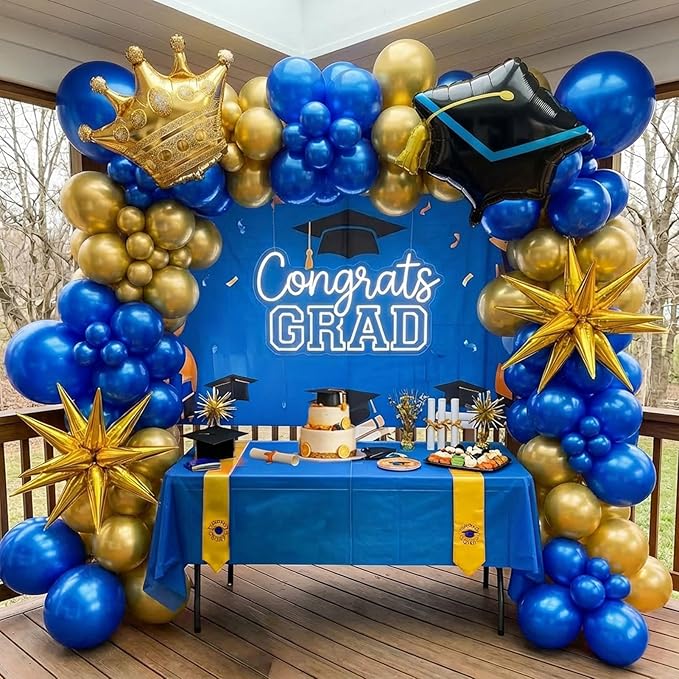 Royal Blue and Gold Graduation Balloon Garland Arch Kit 105 PCS with foil star crown graduation cap balloons for School students graduate class of 2025 Prom Party Decorations (Royal Blue Gold)