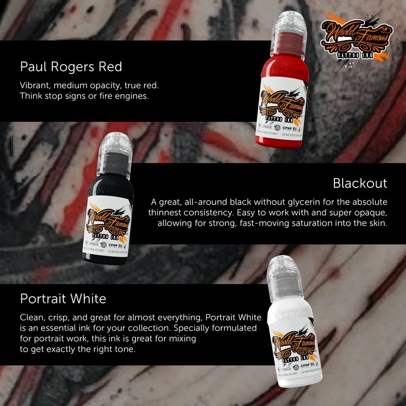 World Famous Trash Polka Mini Tattoo Ink Pigment Set of 3, Vegan, Professional Supplies, 1oz Bottles, Paul Rogers Red, Blackout, Portrait White