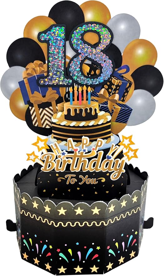 18th Birthday Cards 3D Popup Birthday Greeting Cards - Birthday Greeting Card for Girls and Boys, with Blank Note and Envelope Included (Black Gold)