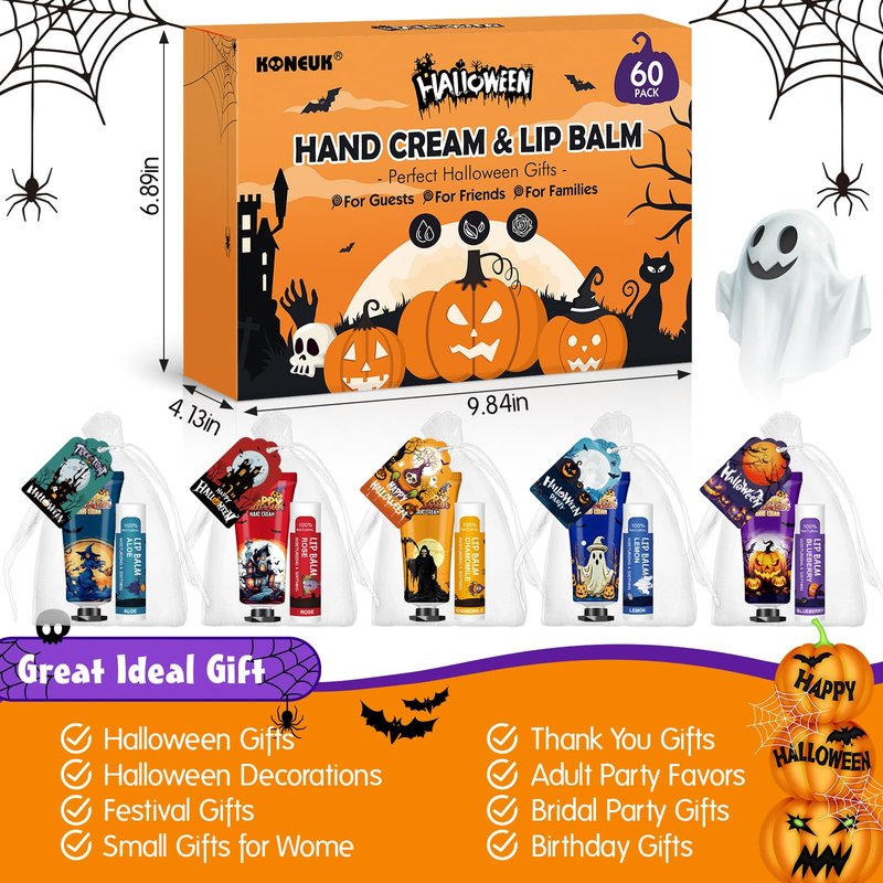 60 Pack Halloween Hand Cream and Lip Balm Set for Women, Bulk Hand Lotion for Halloween Gifts, Halloween Party Favors, Party Supplies, Decorations, Goodie Bags with Halloween Card and Organza Bags