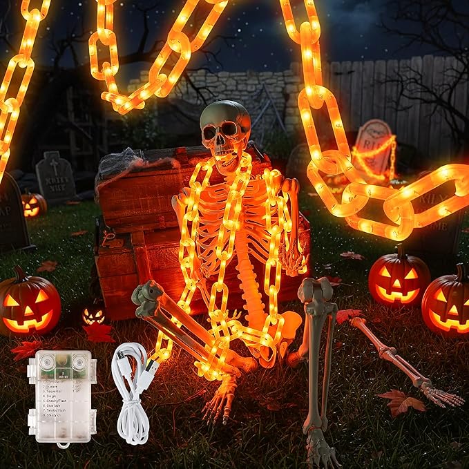 Halloween string lights,Hopolon 13.7Ft 175LED Halloween Decorations Chain Lights Outdoor/Indoor Plastic Orange Light Battery USB with Waterproof, 8Modes&Timer for Home Garden Patio Porch Spooky Decor