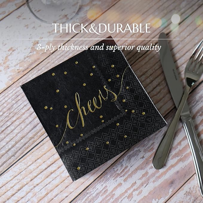 Black & Gold Disposable Party Napkins - 3 Ply, Pack of 100 for Bar, Cocktail, Bachelorette Parties