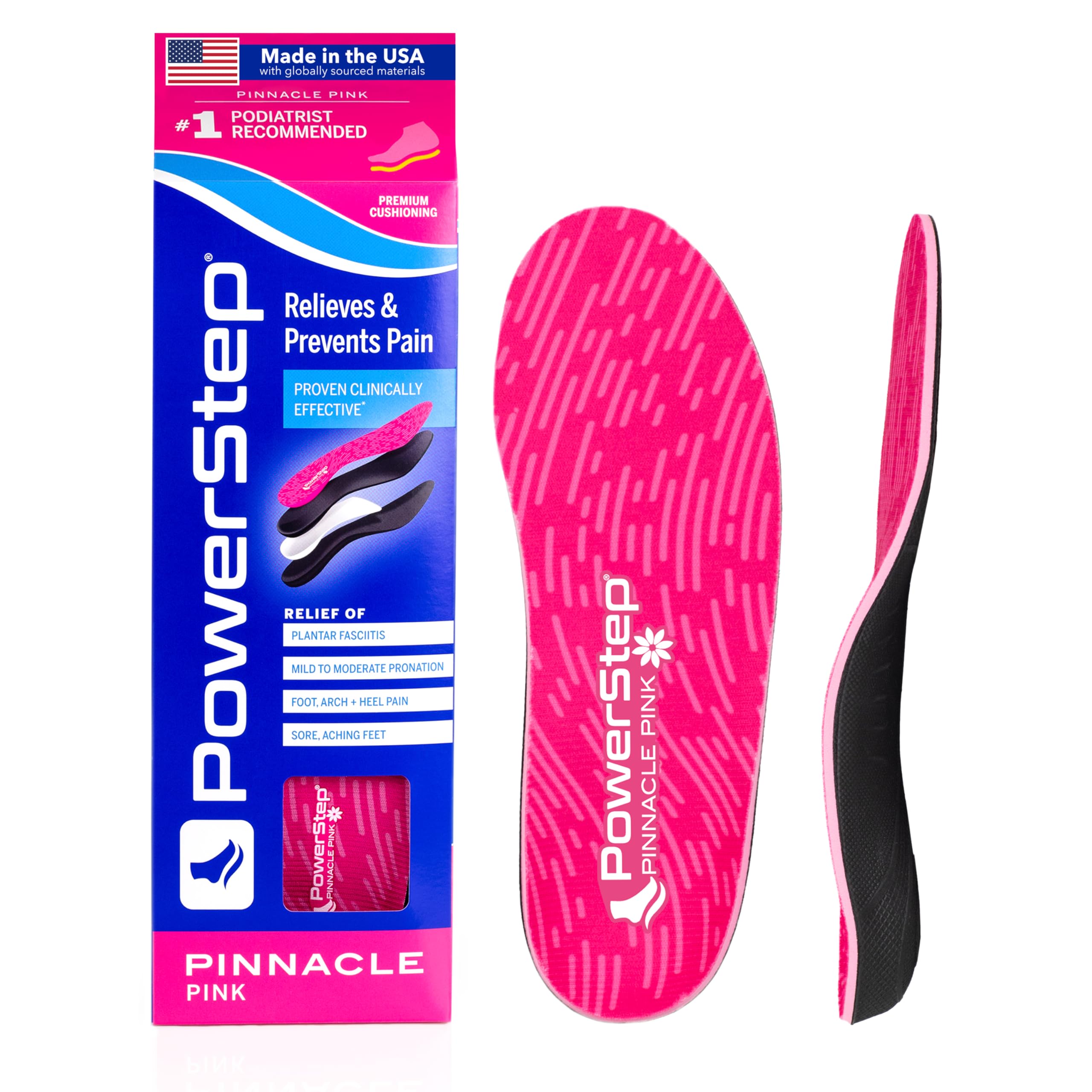 PowerStep Pinnacle Pink Orthotics for Women, Arch Support Inserts, Plantar Fasciitis Relief, Made in USA, Shoe Inserts, Maximum Cushioning, Deep Heel Cup for Pronation (W 8-8.5, M 6-6.5)