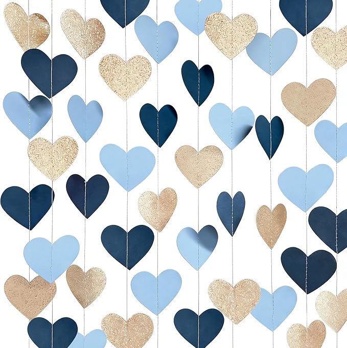 Navy Blue Champagne Gold Heart Party Decorations Glitter Paper Champagne Gold Dusty Blue Love Heart Hanging Garland Banner Streamer for Baby Shower Birthday Anniversary Valentines Day Wedding Party