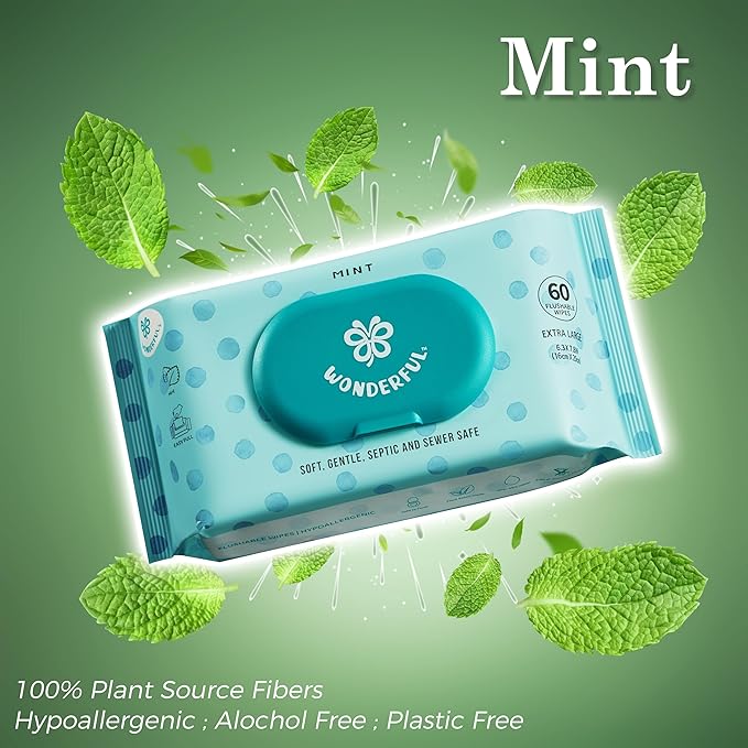 WONDERFUL Flushable Wipes, Mint 100% Plant-Based Wet Wipes for Adults & Kids, Sewer & Septic Safe, Gentle for Sensitive Skin, Wipes Flushable Pack for Bathroom & Travel, 3-Pack (180 Counts)