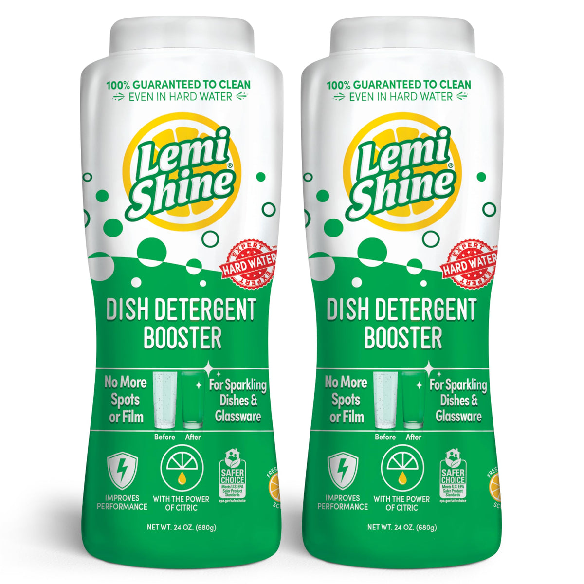 Lemi Shine Natural Dish Detergent Booster - Hard Water Stain Remover - Multi-Use Citric Acid Cleaner - 24 oz (2 Pack)