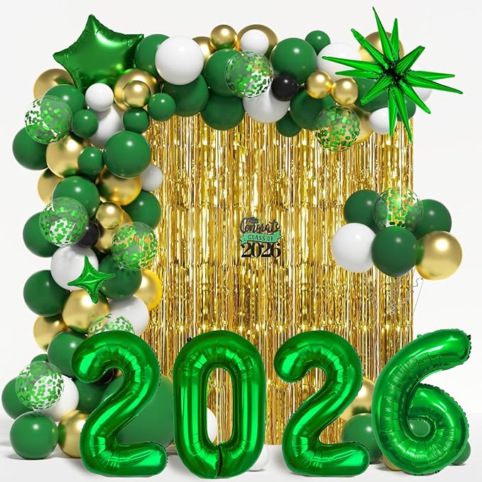 Graduation Balloon Garland Arch Kit for Graduation Decorations Class of 2026 - Dark Green Gold and White Balloon Different Sizes 5 12 18 Inch Graduations Balloons Arch for Grad Party Supplies