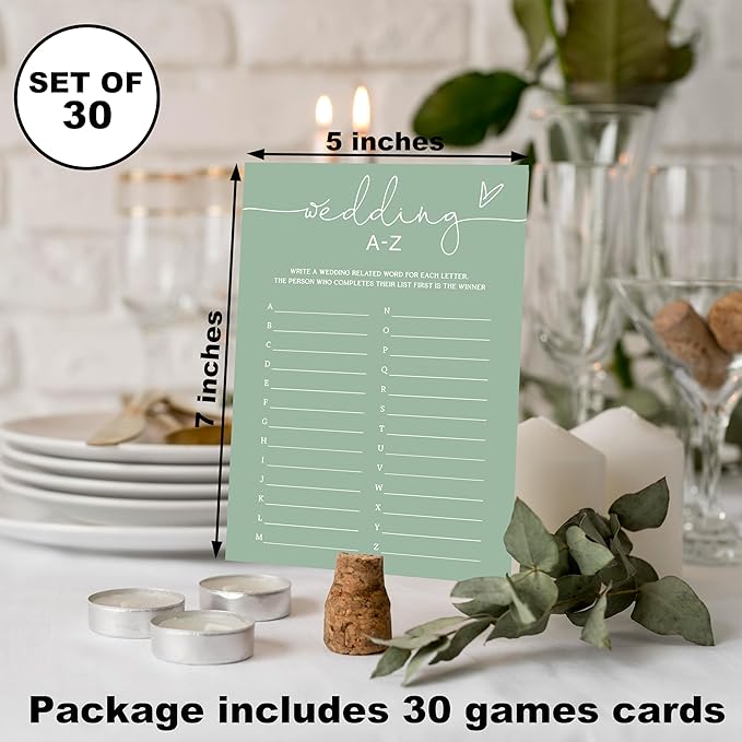 Wedding A-Z Alphabet Item Game, Sea Green Bridal Shower Games, 30 Elegant Game for Bachelorette Engagement Party Reception Supplies - A13