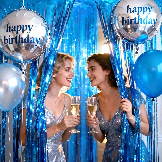 jijAcraft 3 Pack Metallic Blue Tinsel Foil Fringe Curtain, Party Photo Backdrop, Lake Blue Streamers for Ocean Themed Mermaid Under the Sea Party Boy Birthday Baby Shower Graduation Decorations