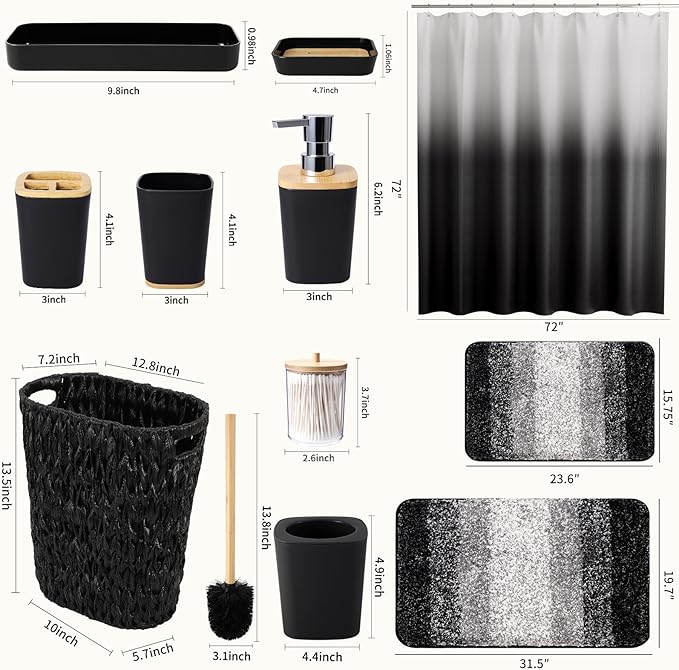 Black Bathroom Accessories Set with Wicker Trash Can Shower Curtain and Rugs,Bathroom Sets Small Waste Basket Bathroom Trash Can for Bedroom Bathroom