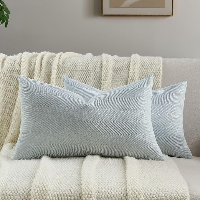 FUTEI Light Blue Chenille Throw Pillow Covers 12x20 Inch Set of 2,Soft Wide Chevron Textured Lumbar Pillow Cases,Farmhouse Home Decor for Couch Bed Living Room