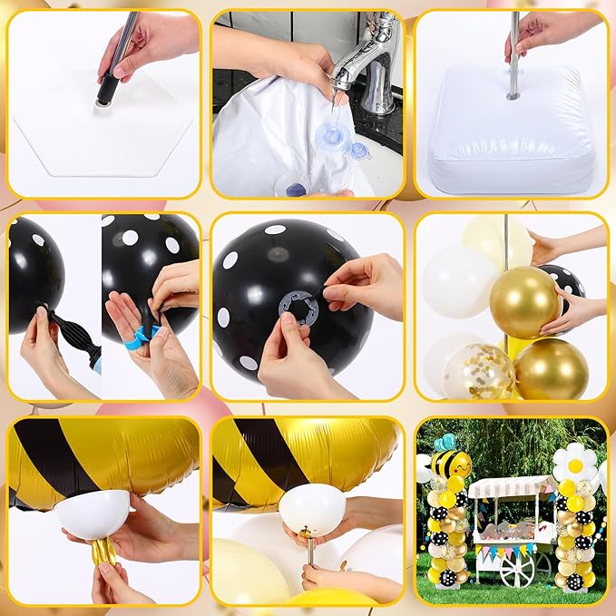 Kasyat 2 Sets Bee Theme Party Balloon Column Stand Kit with Bee Daisy Foil and 100 Latex Balloons, Adjustable Honeybee Balloon Stand Kit for Baby Shower Birthday Party Supplies
