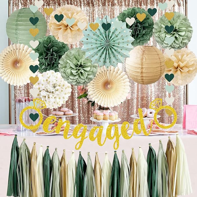Engagement Party Decorations Sage Green Just Engaged Decorations Glitter Engaged Banner Tissue Pom Poms Paper Lanterns Tassel Garland for Married Decoration Wedding Bachelorette Party Decor