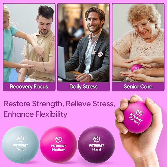 FitBeast Grip Strength Trainer – 6 Pieces Hand Therapy Kit with Finger Extension Exerciser & Stress Balls for Adults, Rehab & Strength Training – for Men, Women, and Seniors