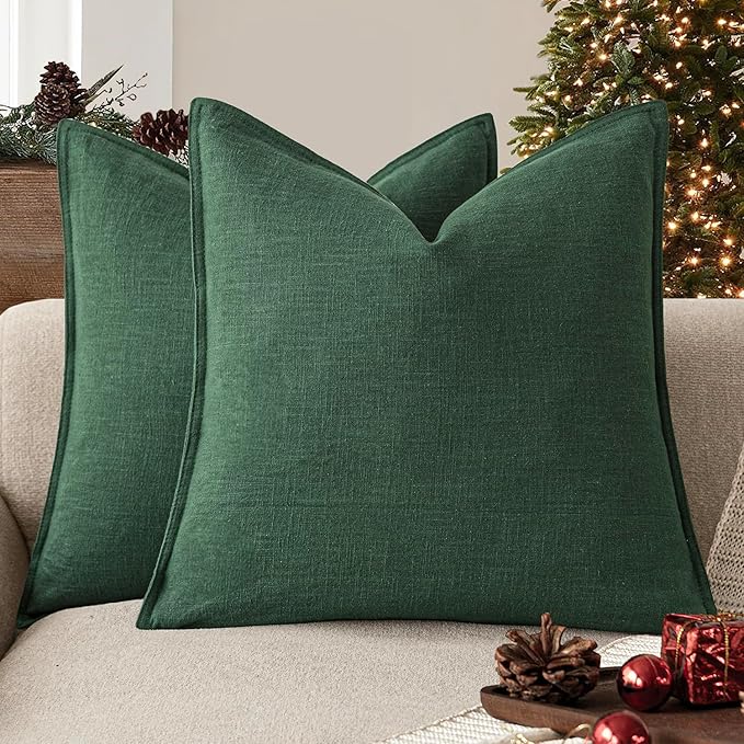Foindtower Set of 2, Decorative Linen Soild Throw Pillow Covers Soft Accent Euro Cushion Case Farmhouse Neutral Pillowcase for Chair Couch Sofa Bedroom Living Room Home Decor 18 x 18 Inch Pine Green