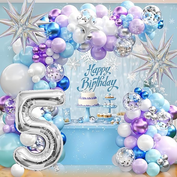Snow 5th Birthday Decorations Girl, Snowflake Balloon Garland Arch Kit, Laser Explosion Star Balloons, Silver Number 5 Balloon Tower for Baby Shower Girls 5th Snow Theme Party Supplies