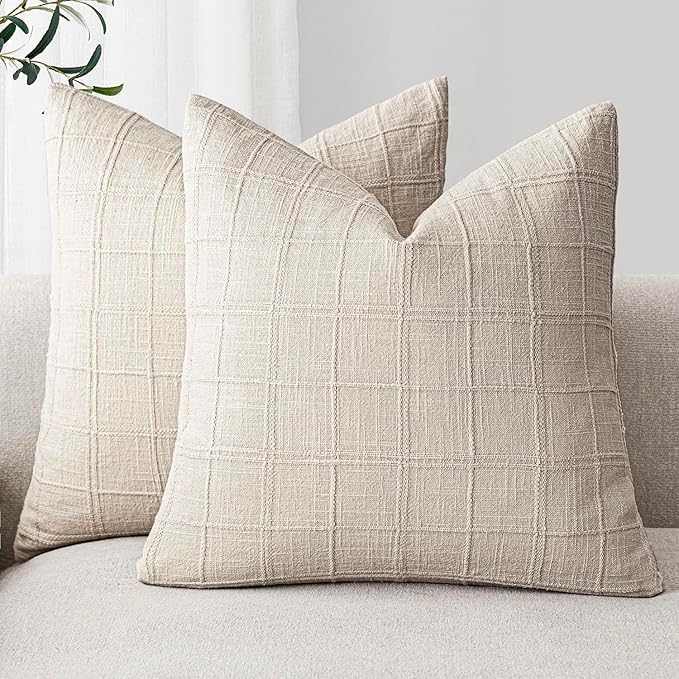 Foindtower Set of 2 Decorative Linen Check Throw Pillow Covers Neutral Farmhouse Vintage Cushion Covers Modern Boho Home Decor for Sofa Chair Couch Bedroom Living Room,26×26 Inch,Natural Beige
