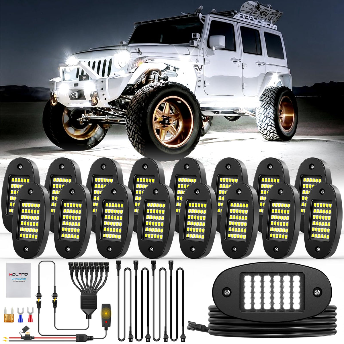 Hovano 16 Pods White Rock Light Kit with Wired Switch - 6500K Pure White LED Underglow, IP68 Waterproof, Super Bright 36 LEDs fo