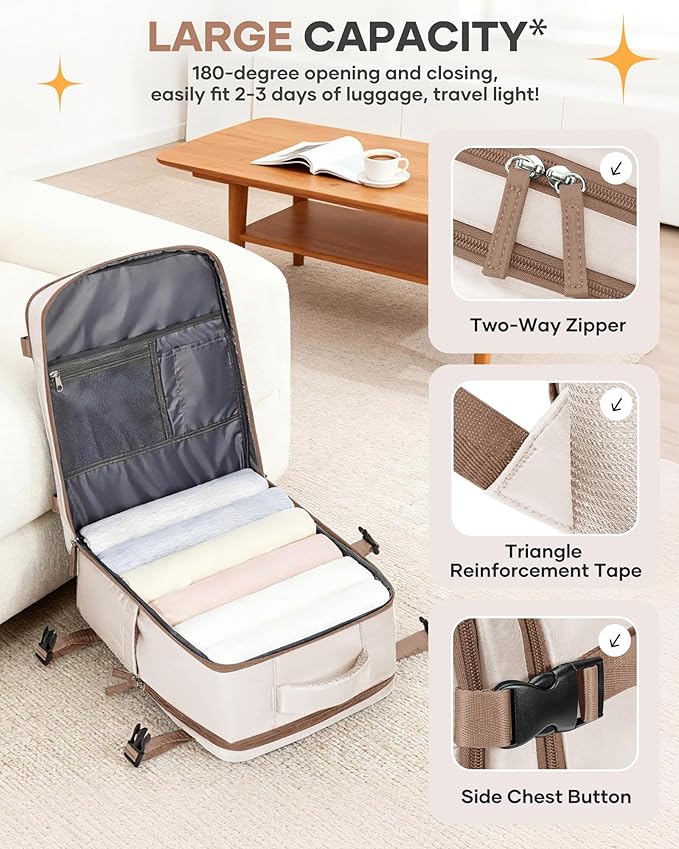 Travel Backpack Carry on Flight Approved Mochila De Viaje Personal Item Backpack for Airlines Frontier Airlines Personal Item Bag Large Backpack for Travel Backpacks for Men Women Beige with Brown
