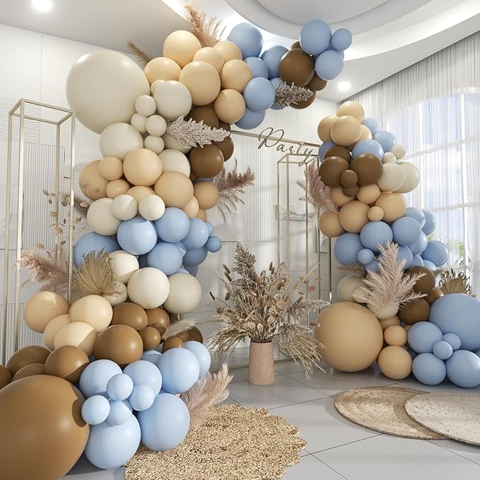 Dusty Blue Brown and White Balloon Arch Kit, 160Pcs Pastel Blue Coffee Brown White Sand Neutral Balloons Garland for Baby Shower Gender Reveal Wedding Birthday Party Decoration