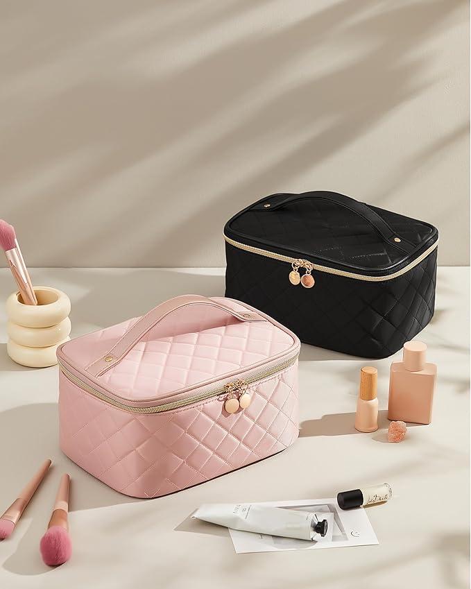Prite Makeup Bag Portable Cosmetic Organizer with Brush Holder Waterproof Travel Toiletry Bag for Women with Handle and Divider (Black Rhombus)