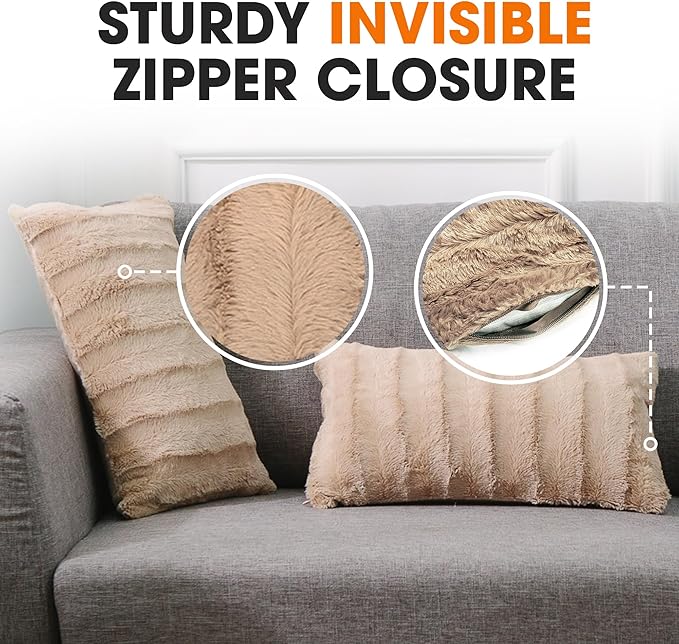 Cheer Collection Faux Fur Throw Pillows - Decorative Pillows for Couch, Bed Throw Pillows, Sand Accent Pillows for Bedroom or Living Room Aesthetic, Set of 2 Furry Throw Pillows, 12" x 20"