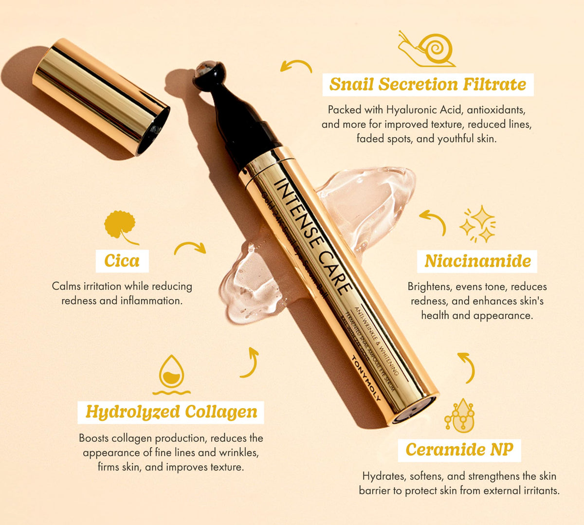 TONYMOLY Intense Care 24K Gold Snail Eye Serum 20ml – Anti-Aging Eye Treatment with Snail Mucin, Hyaluronic Acid & Peptides for Dark Circles, Puffiness, Fine Lines & Firming – 360° Roller Applicator