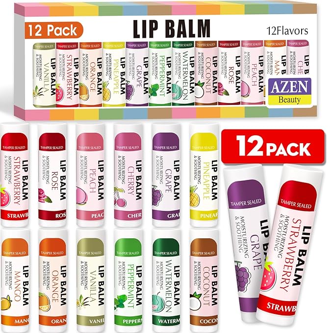 AZEN 12 Pack Lip Balm, Natural Lip Balm Bulk, Lip Care Product, Moisturizing Lip Balms for dry cracked lips - 12 Flavors