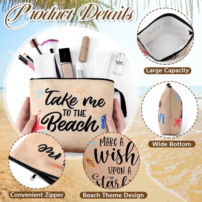 10 Pcs Beach Themed Cosmetic Bags Bulk Zipper Pouch Makeup Bag for Women Girls Sea Weekend Travel Vacation Trip Gifts Supplies Summer Party Favors Beach Accessories