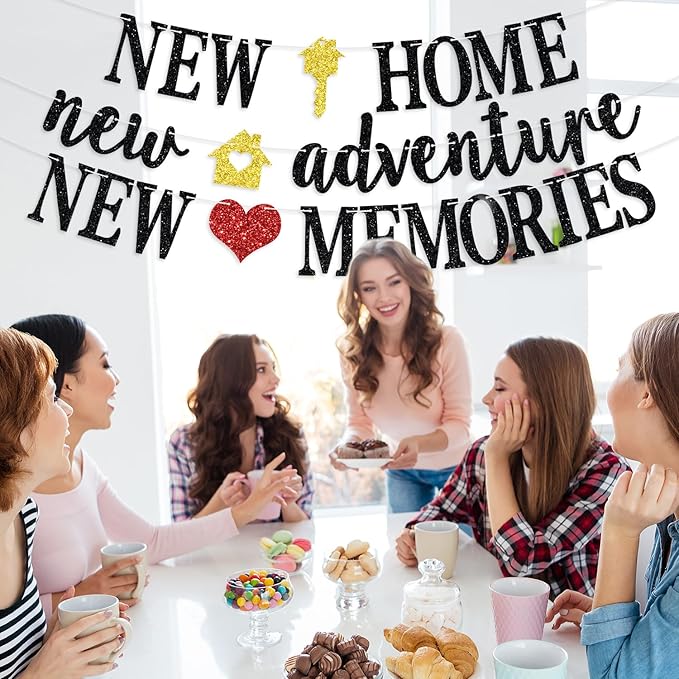 New Home New Adventure New Memories Banner, Welcome Home/Housewarming Party Backdrop, New House Who Dis, Housewarming/Family Reunion Party Bunting Sign, Black Glitter
