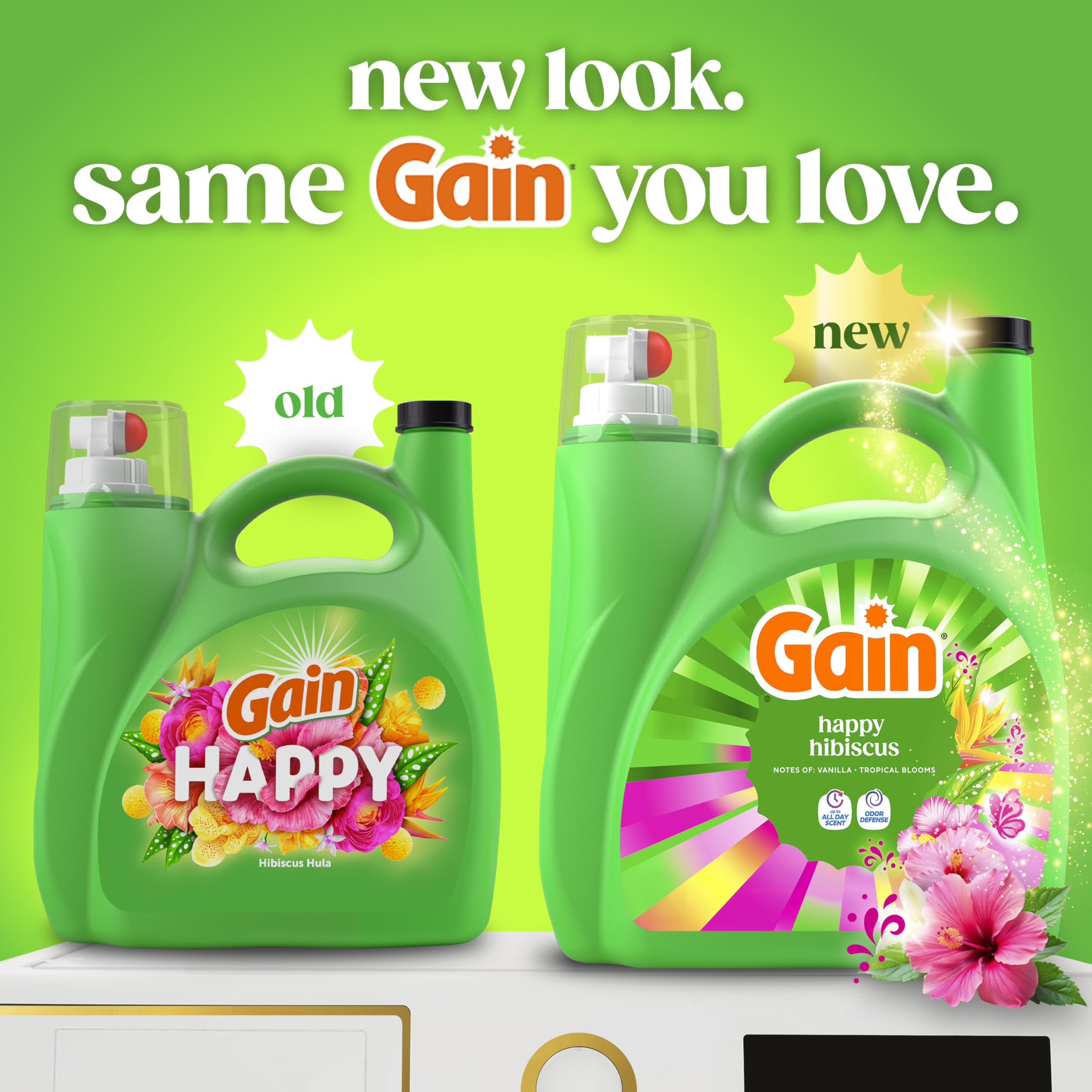 Gain Liquid Laundry Detergent, With Odor Defense, Happy Hibiscus Scent, Laundry Soap For HE Washing Machines, 132 fl oz, 100 Loads (Packaging May Vary)