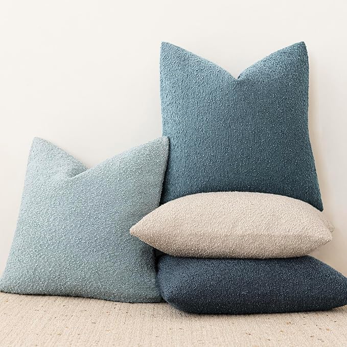 Foindtower Pack of 2 Textured Boucle Throw Pillow Covers Accent Solid Pillow Cases Cozy Soft Decorative Couch Cushion Case for Chair Sofa Bedroom Living Room Home Decor 18x18 Inch Misty Blue